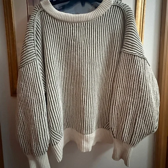 aerie Striped V-Neck Oversized Sweater in Cream & Olive - Picture 2 of 3